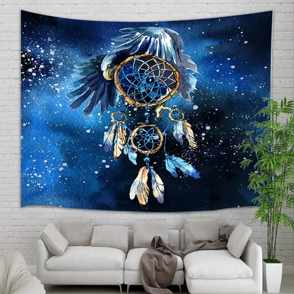 

Dream Catcher Feathers Tapestry Bohemia Watercolor American Wind Chime Style Feathers for Good Luck