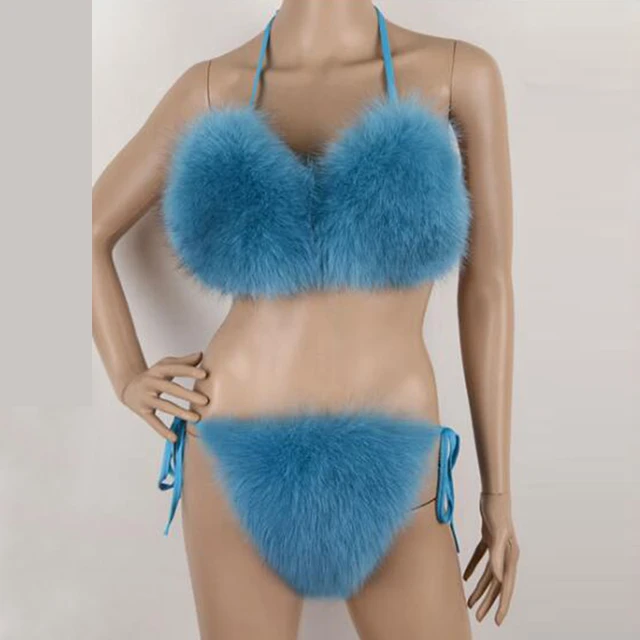 2 Piece/ Set Women Sexy Imitation Fox Fur Swimsuit Bikini Beach Fox Fur Bra  Underwear Yellow
