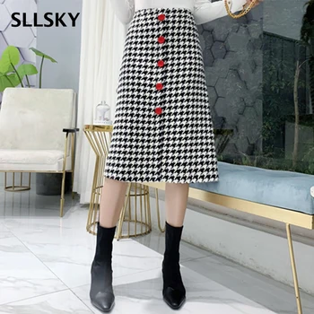 

SLLSKY Black White Plaid Women Skirts Single Breasted 2020 Autumn Winter New Zipper High Waist Skirts Plus Size Straight Skirts