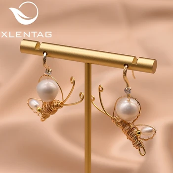 

XlentAg Real Natural White Pearls Drop Hook Earrings For Women Wedding Butterfly Luxury Vintage Jewelry Pendientes Mujer GE0804