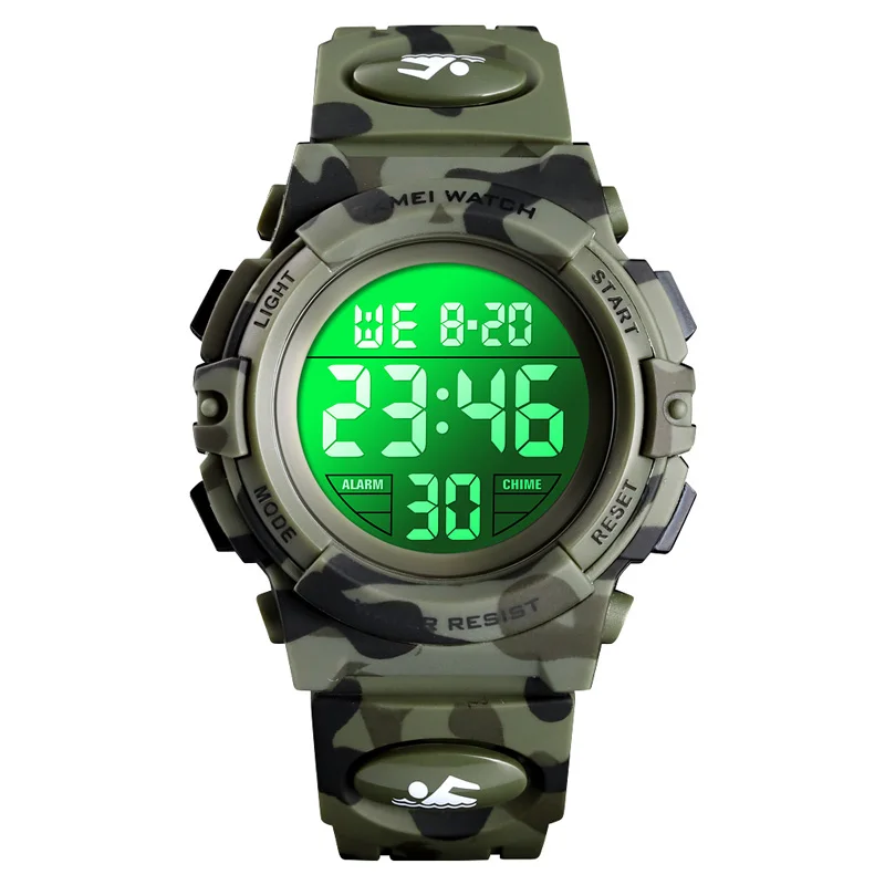 Sports Casual Students Electronic Watch Children Waterproof Camouflage LED Luminous Watch for Kids Boys LL@17 - Color: Green