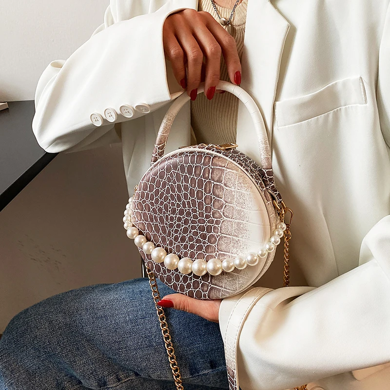 

Crocodile Pattern Women Round Bag Pearl Chains Shoulder Bag Small Clutch Crossbody Bags For Women Pu Leather Tote Handbags