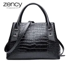 Zency Высококачественная женская сумка-тоут с узором «крокодиловая кожа», натуральная кожа, черные сумки на плечо, модные деловые сумки через плечо