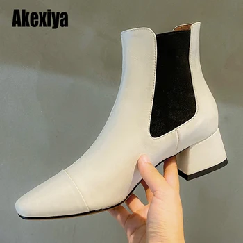 

High Heels Ankle Boots Women Cow Leather Chelsea Boot Round Toe Shoes Female Fashion Elastic Shoes Ladies Winter 2020 u617