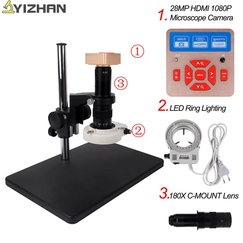 

HDMI 28MP1080P HD Digital Monocular Microscope Camera 180x Lens+ Big Workbench Stand+LED Ring Light For Repair Phone Soldering