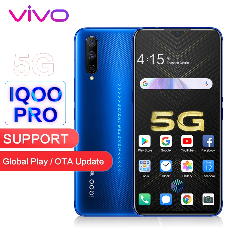 Vivo iQOO Pro 5G поддержка глобальной rom Google NFC оригинальный 6,41 "экран 48MP камера 44 Вт Быстрая зарядка Смартфон Snapdragon