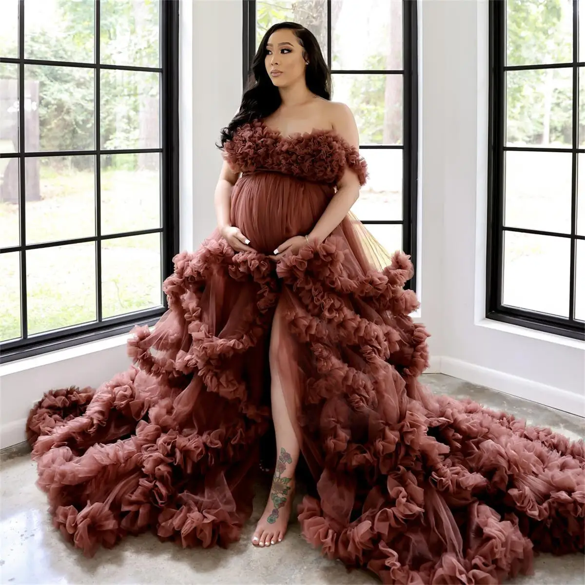 V Neck Ruffles Prom Dresses for Pregnant Women Front Split Evening Dress Maternity Gowns for Photo Shoot Robes