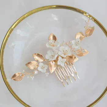 

White Ceramic Cherry Blossom Bridal Hair Comb Gold Colour Leaf Hairpin Flower Bridal Wedding Hair Accessories