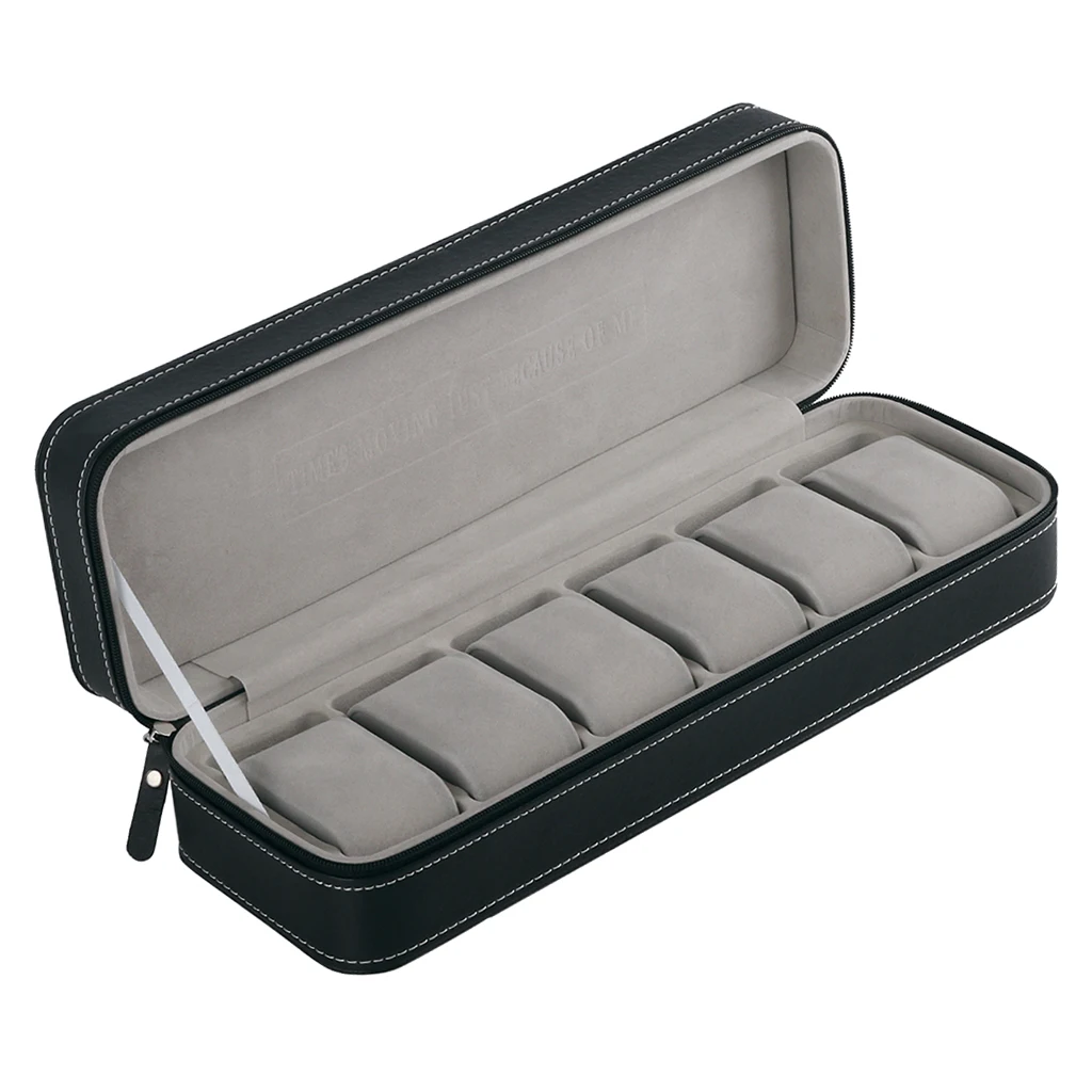 

6 Slot Stitch Leather Watch Box Display Case Organizer Watch Storage Black 33x11x7.5cm