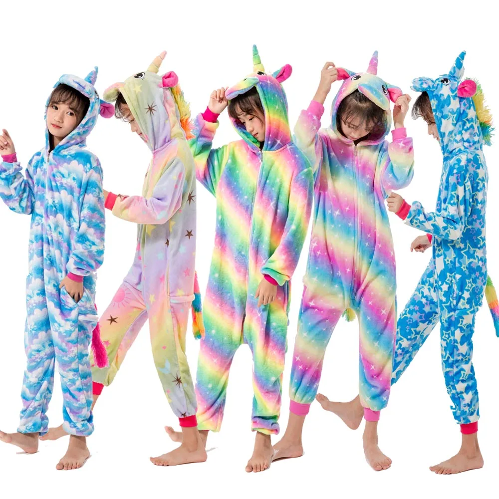 Пижама Kigurumi с вышивкой для мальчиков и девочек, одежда для сна, костюм «Единорог» для детей, зимний фланелевый костюм с изображением панды, единорога, Jumspuit pijamas