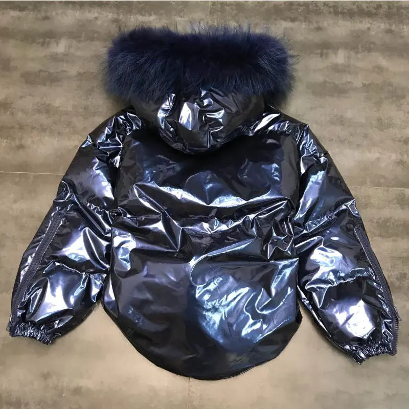 Зимний пуховик с капюшоном новая яркая с капюшоном хлопковая куртка с натуральным большим воротником из лисьего меха металлическая расцветка короткое пальто винтажная парка