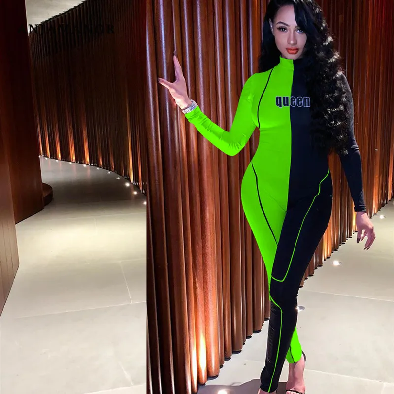 

ANJAMANOR Sexy Long Sleeve Bodycon Jumpsuit Women Fall Clothing 2019 Plus Size Color Block Party Romper Clubwear D89-AE96