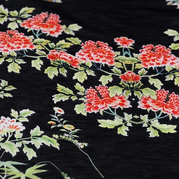 

black bottom flower print fabric Natural silk & Linen Bamboo Branch Printing dress material Cloth 118cmx140cm
