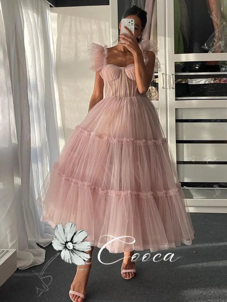 Cooca Simple Sweeheart Tulle Short Prom Dresses Spaghetti Straps Tiered Prom Gowns Light Pink  Tea-Length Wedding Party Dress pink prom dress Prom Dresses