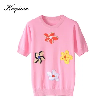 

Spring and summer new style elegant young girl style 3-color flower twist technology short sleeve T-shirt women's thin ice B-124