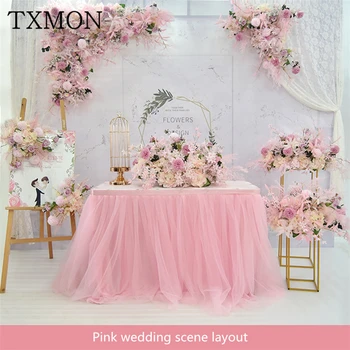 

Wedding simulation silk floral pink set flower arrangement decoration wedding stage layout scene window photography background