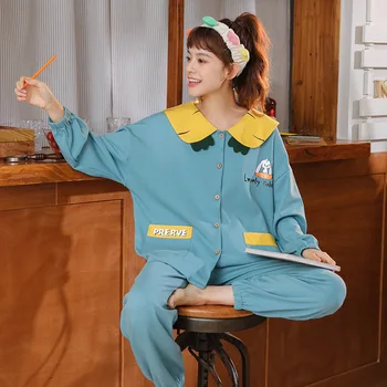 

Spring Autumn Winter Pajamas Cardigan Loose and Plus-sized Knitted Cotton Women's Leisure Tops