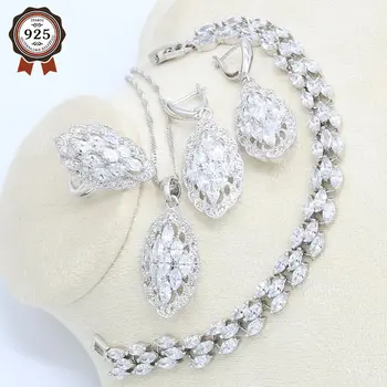 

Silver Color White Semi-precious Stone Jewelry Sets For women luxury Earrings Sets Ring Pendants Necklace Bracelets