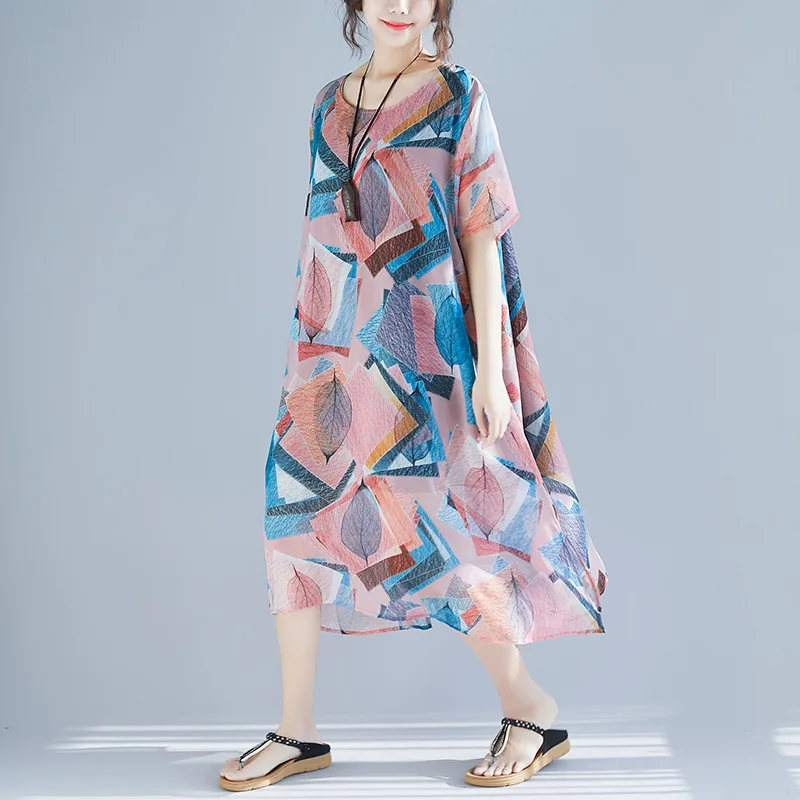 

2019 Spring And Summer New Style Fat Mm Large Size Dress Chiffon Printed Loose-Fit Dress Slimming Elegant Skirt