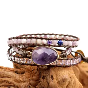 

New Women Wrap Bracelets Purple Birthstone Charm Beads Bracelet Vintage Natural Stone Jewelry Rope Chain Drop Shipping Bracelet