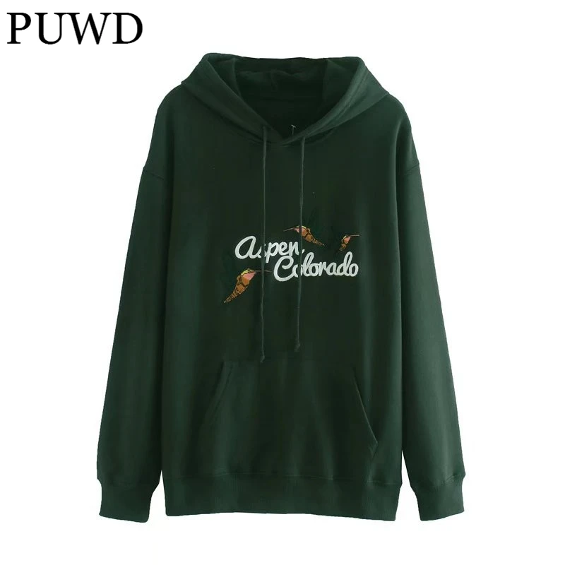 

PUWD Cotton Women Embroidery Green Hoodies 2022 Autumn Fashion Ladies Streetwear Hooded Pullover Female Chic Pocket Hoodie