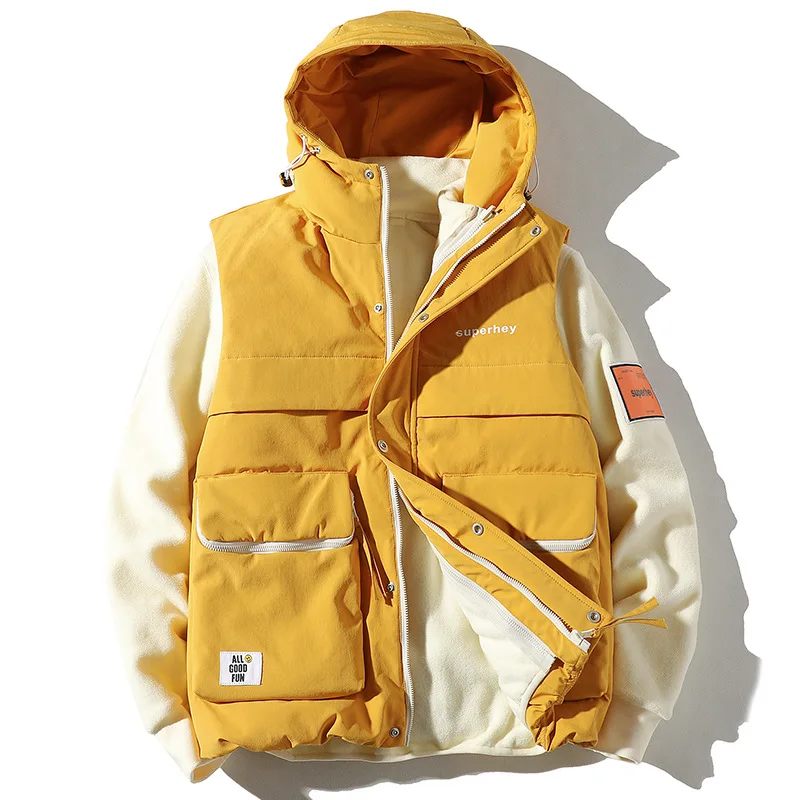 yellow Модная пара, зимний теплый спортивный костюм для мужчин, 2 предмета, толстовки с капюшоном+ жилет, повседневные спортивные костюмы, Мужская Уличная одежда, комплект, Мужское пальто, 3XL - Цвет: yellow