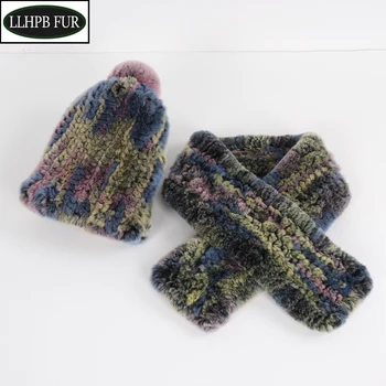 

Lady Luxury Good Quality Fur Scarves Hats Women Winter Warm Real Rex Rabbit Fur Scarf Hat Set Knitted Natural Fur Muffles Caps
