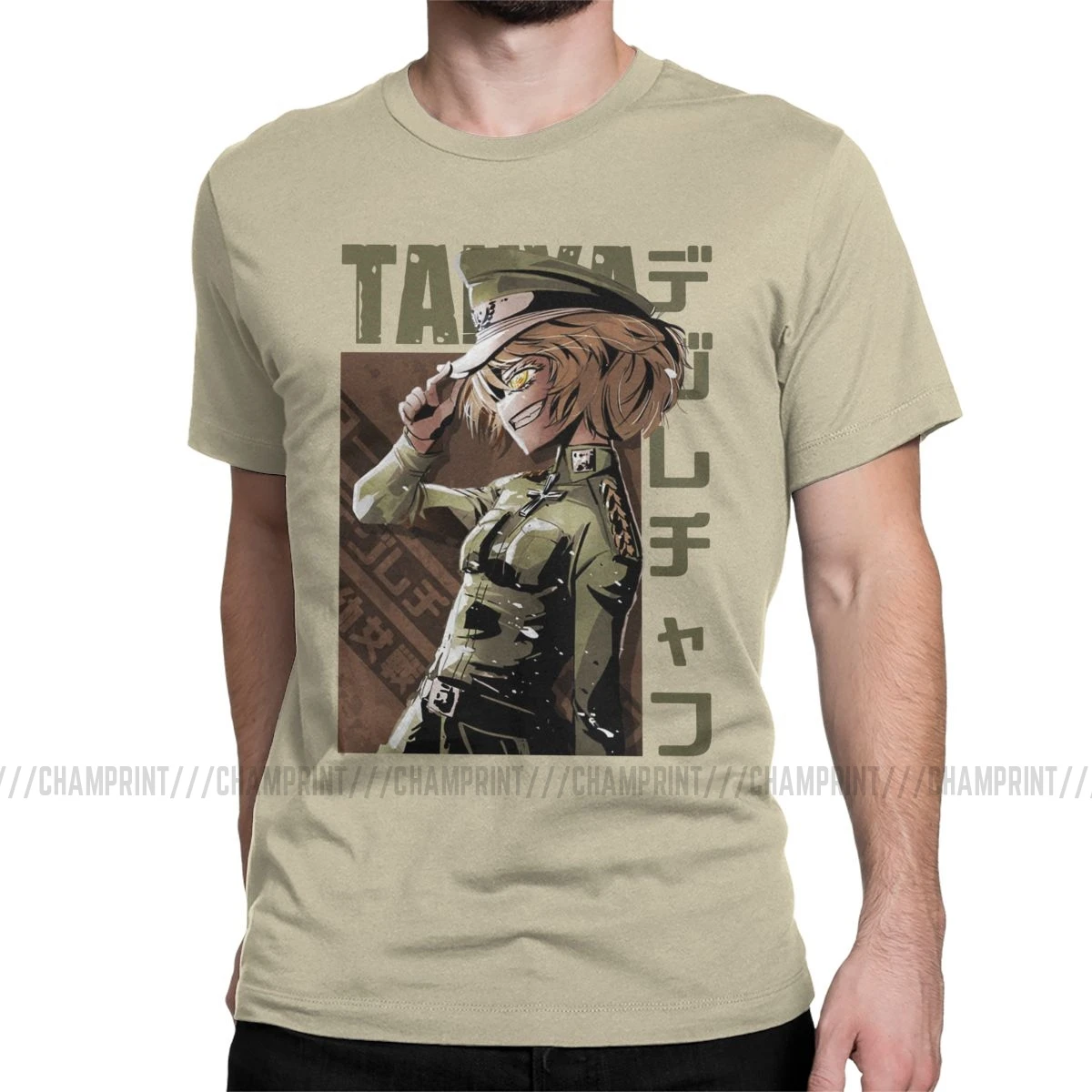 Мужская футболка Youjo Senki Tanya, Уникальные футболки из хлопка, футболки с коротким рукавом из аниме Von Empire War Evil, топы с круглым воротником - Цвет: Бежевый