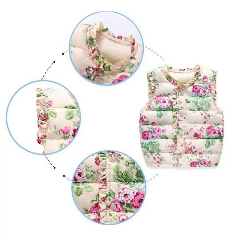 Winter Outerwear Sleeveless Coats Flower Printed Thick Vest Jackets Baby Girl Warm Waistcoat