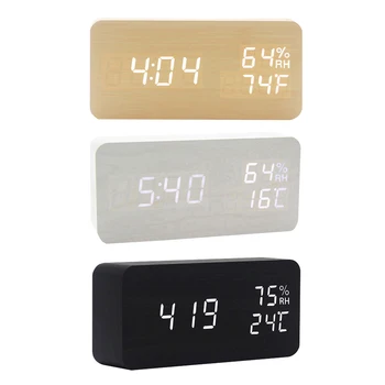 

Wooden Block Digital Clock Fashion Multifunction Temperature and Humidity Electronic Alarm Clocks