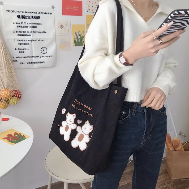 Women's Cute Bear Pattern Plush Shoulder Bag - Reversible Tote For Shopping, Dating, Travel