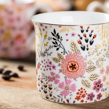 Pink Flowers gold tracing bone china coffee mug 2