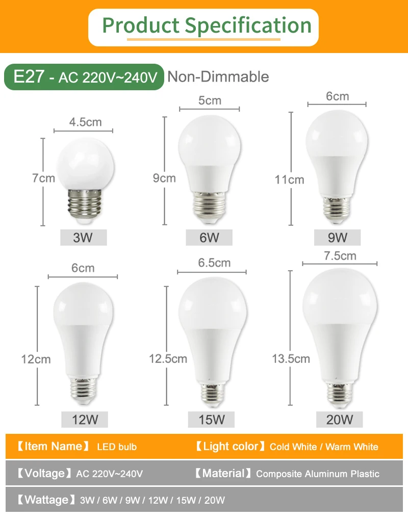 Kaguyahime 10 шт. светодиодный E27 лампочка E14 лампочка 220 В светодиодный светильник E27 3 Вт 5 Вт 6 Вт 9 Вт 12 Вт 15 Вт 20 Вт Светодиодный светильник Высокая яркость холодный белый теплый