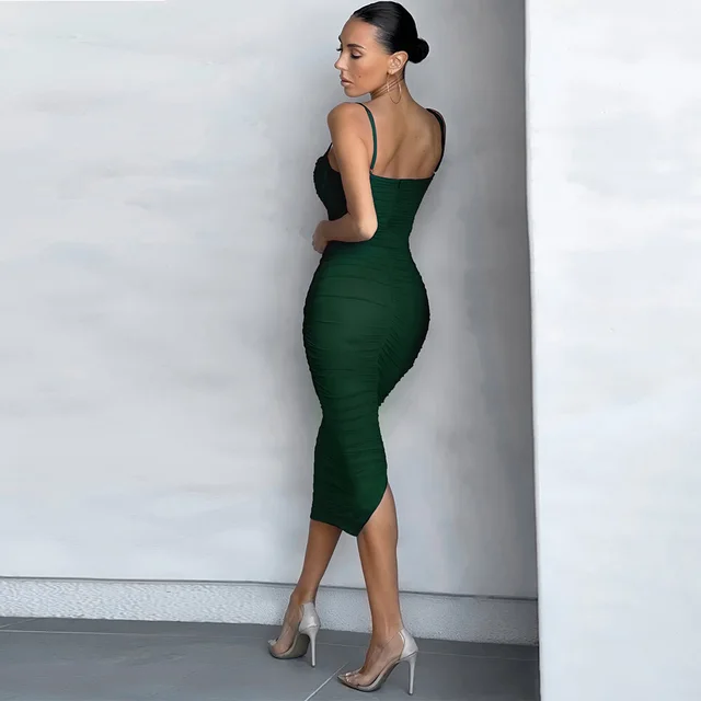 Mesh Draped Bandage Dress 2021 New Arrival Midi Bandage Dress Bodycon Women Summer Green Sexy Party Dress Evening Club Outfits 2