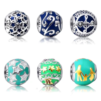 

925 Sterling Silver a Family Holding Hands Color Enamel Charm Bead with Bule Cz Fit Pandora Bracelet for Women Jewelry Free Ship