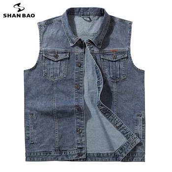 

SHANBAO brand 2020 autumn new personality leather collage men's personality trend denim vest jacket youth casual vest gray