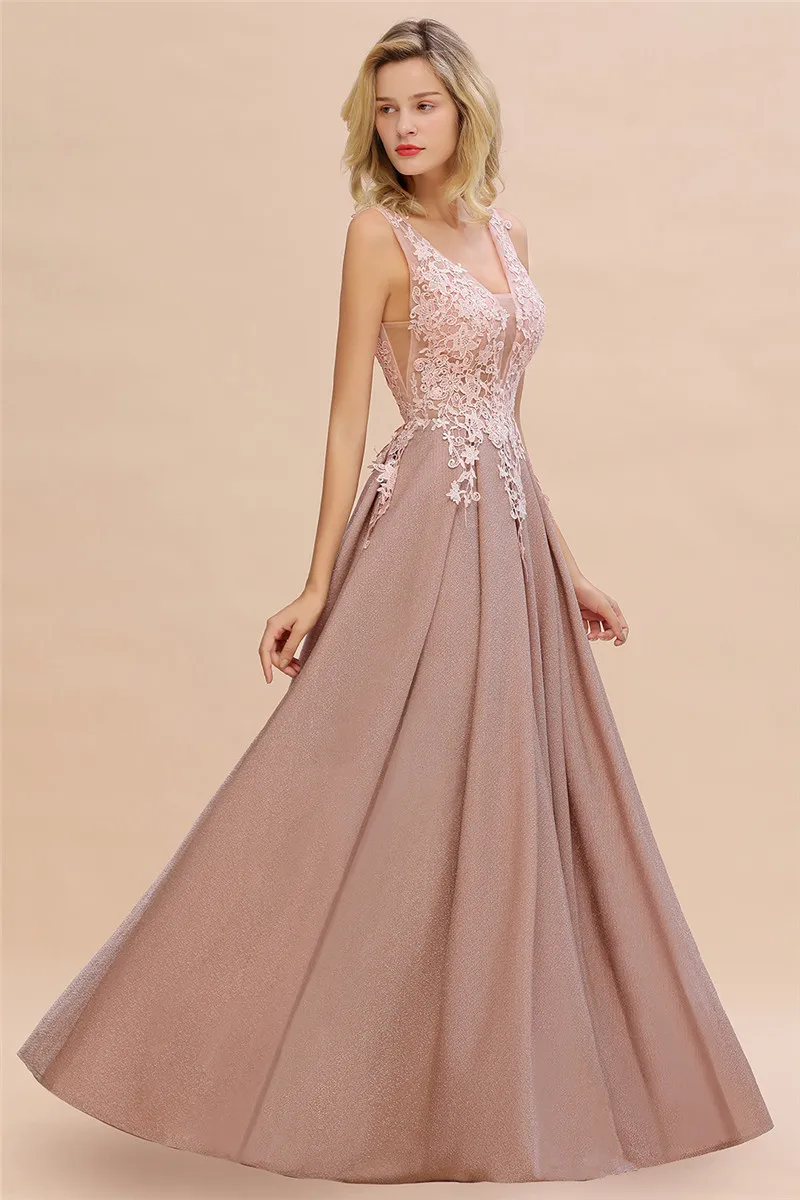 Халат de Soiree Longue пыльная роза кружевное длинное вечернее платье Vestido de Festa сексуальное с глубоким v-образным вырезом аппликации вечерние выпускные платья