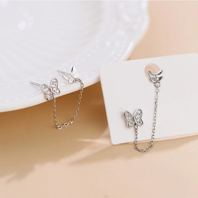 ANENJERY-Boucles d'Oreilles Papillon en Argent pour Femme, Double Trou d'Oreille, Pompon, Bijoux