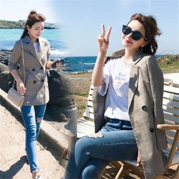 

England Style Blazer Women Spring Autumn Suit Jacket Plus Size Loose Long sleeve Double Breasted Plaid Blazers Mujer Outerwear