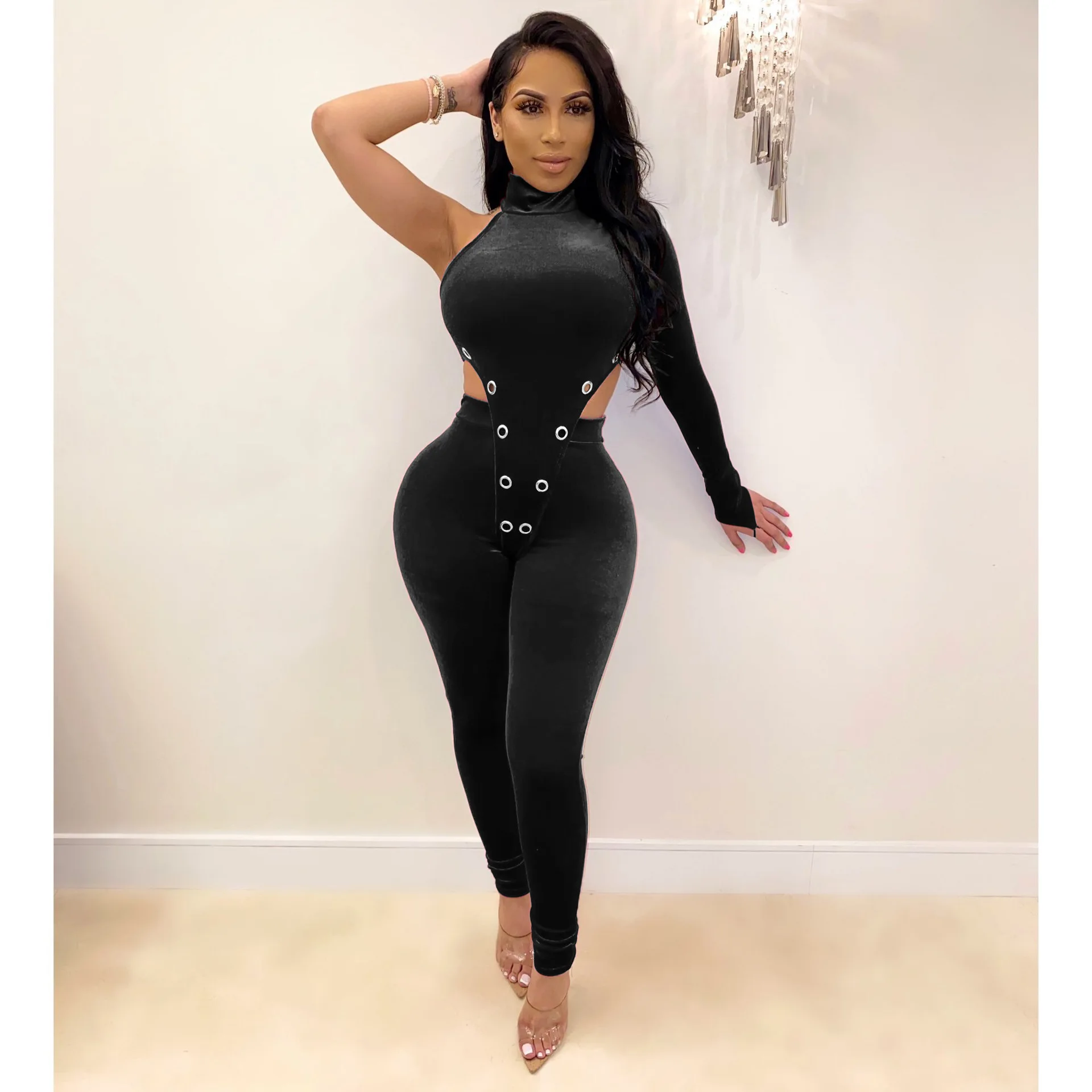 

2020 New Summer Velvet Women's Sexy 2 Pieces Matching Sets One Shoulder Crop TopHigh Rise Pants Outfits Club Wear Two pieces