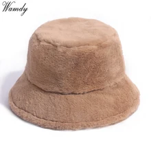 Winter Outdoor Vacation Lady Panama Black Solid Thickened Soft Warm Fishing Cap Faux Fur Rabbit Bucket Hat Women Hairy Leopard