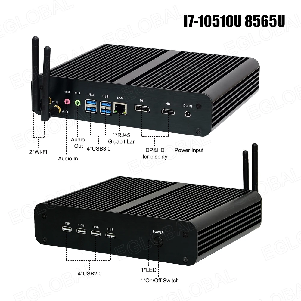 Eglobal Fanless Mini Computer Intel i7-1065G7 10510U i5 8265U 2*DDR4 Msata+M.2 PCIE Gaming PC Windows 10 HTPC Nuc VGA DP HDMI-2
