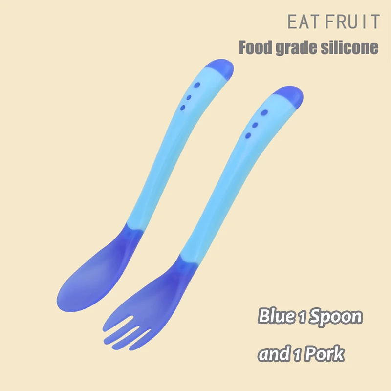 2 шт Детская Ложка силиконовая безопасная подача столовые приборы ложка с датчиком температуры и вилкой силикон - Цвет: Blue color