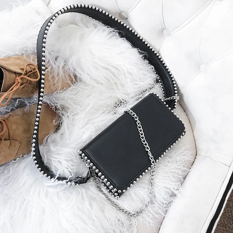 

Fashion Simple Female Rivet Small Square Bag Stylish Women's Designer Crossbody Chic Chain Wide Strap Shoulder Messenger Bags