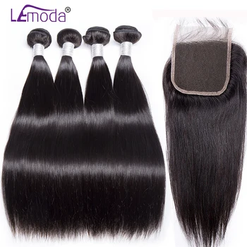 

Brazilian Straight Human Hair 3 Bundles With 4x4 Swiss Lace Closure Lemoda Hair Weave Bundles Extensions Can Be Curled and Dyed