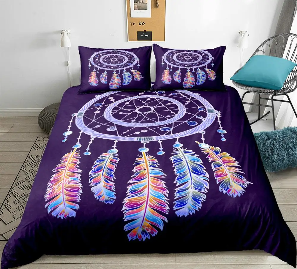 3 Pieces Purple Dreamcatcher Duvet Cover Set Boho Dreamcatcher Bedding Feathers Quilt Cover Queen Bed Set Kids Teens Dropship - Цвет: 01