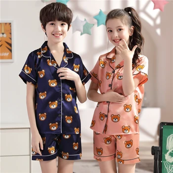 

2020 new Lapel printed silk short-sleeved pajamas set girls bear cartoon children's home wear toddler boy pajamas pjs for kids