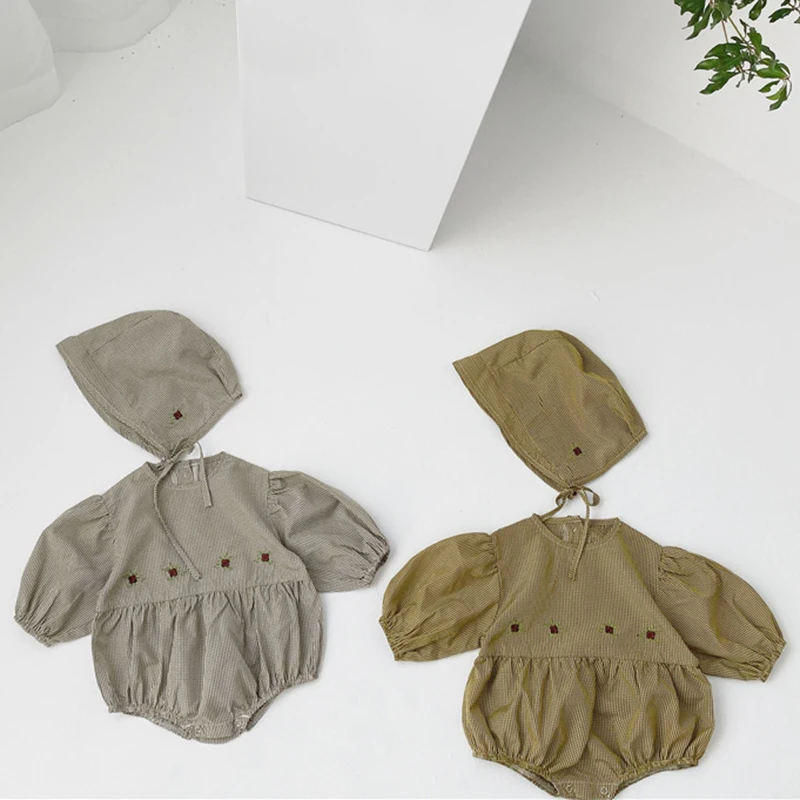 

2020 New Spring Baby Girl Princess Clothes Cotton Long sleeves Romper+Hat Suit Korean Japan Style Toddler Embroidery Jumpsuit