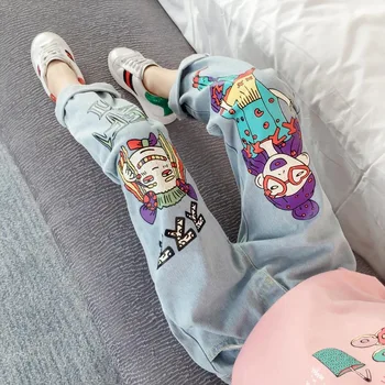 

2020 Girls Jeans For Spring Autumn Girls Jeans Casual Denim Blue Baby Jeans Cartoon Doodle Children'S Boutique Pencil Trousers