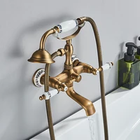 Rozin Retro Style Brass Bathtub Shower Faucet Set Dual Knobs Wall Mounted Bathtub Mixer with Handshower and Swivel Tub Spout Tap 2